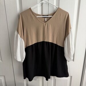 Adara‎ Tan White Black Colorblock Women's Blouse Boho Business Office Travel